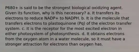 P680+ is said to be the strongest biological oxidizing agent. Given its function, why is this necessary? a. It transfers its electrons to reduce NADP+ to NADPH. b. It is the molecule that transfers electrons to plastoquinone (Pq) of the electron transfer system. c. It is the receptor for the most excited electron in either photosystem of photosynthesis. d. It obtains electrons from the oxygen atom in a water molecule, so it must have a stronger attraction for electrons than oxygen has.