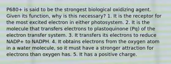 P680+ is said to be the strongest biological oxidizing agent. Given its function, why is this necessary? 1. It is the receptor for the most excited electron in either photosystem. 2. It is the molecule that transfers electrons to plastoquinone (Pq) of the <a href='https://www.questionai.com/knowledge/kzP6QOcY63-electron-transfer' class='anchor-knowledge'>electron transfer</a> system. 3. It transfers its electrons to reduce NADP+ to NADPH. 4. It obtains electrons from the oxygen atom in a water molecule, so it must have a stronger attraction for electrons than oxygen has. 5. It has a positive charge.