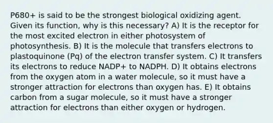 P680+ is said to be the strongest biological oxidizing agent. Given its function, why is this necessary? A) It is the receptor for the most excited electron in either photosystem of photosynthesis. B) It is the molecule that transfers electrons to plastoquinone (Pq) of the <a href='https://www.questionai.com/knowledge/kzP6QOcY63-electron-transfer' class='anchor-knowledge'>electron transfer</a> system. C) It transfers its electrons to reduce NADP+ to NADPH. D) It obtains electrons from the oxygen atom in a water molecule, so it must have a stronger attraction for electrons than oxygen has. E) It obtains carbon from a sugar molecule, so it must have a stronger attraction for electrons than either oxygen or hydrogen.