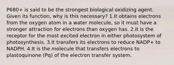 P680+ is said to be the strongest biological oxidizing agent. Given its function, why is this necessary? 1.It obtains electrons from the oxygen atom in a water molecule, so it must have a stronger attraction for electrons than oxygen has. 2.It is the receptor for the most excited electron in either photosystem of photosynthesis. 3.It transfers its electrons to reduce NADP+ to NADPH. 4.It is the molecule that transfers electrons to plastoquinone (Pq) of the electron transfer system.