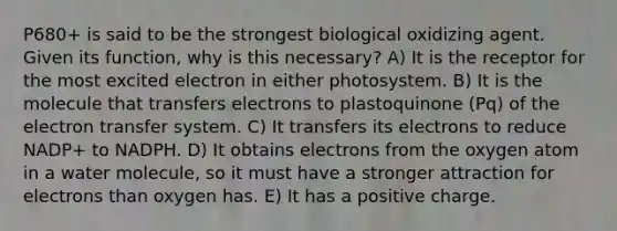 P680+ is said to be the strongest biological oxidizing agent. Given its function, why is this necessary? A) It is the receptor for the most excited electron in either photosystem. B) It is the molecule that transfers electrons to plastoquinone (Pq) of the electron transfer system. C) It transfers its electrons to reduce NADP+ to NADPH. D) It obtains electrons from the oxygen atom in a water molecule, so it must have a stronger attraction for electrons than oxygen has. E) It has a positive charge.