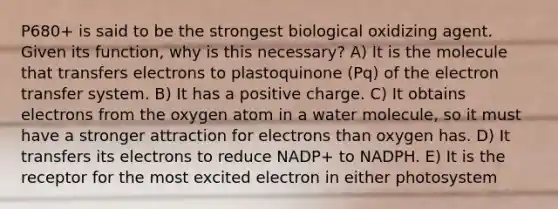 P680+ is said to be the strongest biological oxidizing agent. Given its function, why is this necessary? A) It is the molecule that transfers electrons to plastoquinone (Pq) of the electron transfer system. B) It has a positive charge. C) It obtains electrons from the oxygen atom in a water molecule, so it must have a stronger attraction for electrons than oxygen has. D) It transfers its electrons to reduce NADP+ to NADPH. E) It is the receptor for the most excited electron in either photosystem