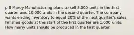 p-8 Marcy Manufacturing plans to sell 8,000 units in the first quarter and 10,000 units in the second quarter. The company wants ending inventory to equal 20% of the next quarter's sales. Finished goods at the start of the first quarter are 1,600 units. How many units should be produced in the first quarter.