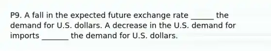 P9. A fall in the expected future exchange rate​ ______ the demand for U.S. dollars. A decrease in the U.S. demand for imports​ _______ the demand for U.S. dollars.