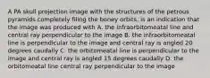 A PA skull projection image with the structures of the petrous pyramids completely filing the boney orbits, is an indication that the image was produced with A. the infraorbitomeatal line and central ray perpendicular to the image B. the infraorbitomeatal line is perpendicular to the image and central ray is angled 20 degrees caudally C. the orbitomeatal line is perpendicular to the image and central ray is angled 15 degrees caudally D. the orbitomeatal line central ray perpendicular to the image