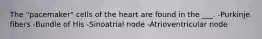 The "pacemaker" cells of the heart are found in the ___. -Purkinje fibers -Bundle of His -Sinoatrial node -Atrioventricular node