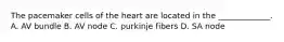 The pacemaker cells of the heart are located in the _____________. A. AV bundle B. AV node C. purkinje fibers D. SA node