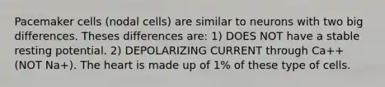 Pacemaker cells (nodal cells) are similar to neurons with two big differences. Theses differences are: 1) DOES NOT have a stable resting potential. 2) DEPOLARIZING CURRENT through Ca++(NOT Na+). The heart is made up of 1% of these type of cells.