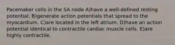 Pacemaker cells in the SA node A)have a well-defined resting potential. B)generate action potentials that spread to the myocardium. C)are located in the left atrium. D)have an action potential identical to contractile cardiac muscle cells. E)are highly contractile.