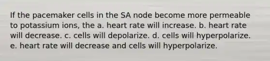 If the pacemaker cells in the SA node become more permeable to potassium ions, the a. heart rate will increase. b. heart rate will decrease. c. cells will depolarize. d. cells will hyperpolarize. e. heart rate will decrease and cells will hyperpolarize.