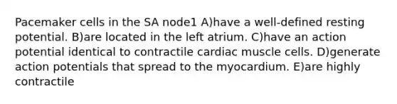 Pacemaker cells in the SA node1 A)have a well-defined resting potential. B)are located in the left atrium. C)have an action potential identical to contractile cardiac muscle cells. D)generate action potentials that spread to the myocardium. E)are highly contractile