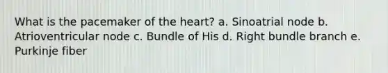 What is the pacemaker of <a href='https://www.questionai.com/knowledge/kya8ocqc6o-the-heart' class='anchor-knowledge'>the heart</a>? a. Sinoatrial node b. Atrioventricular node c. Bundle of His d. Right bundle branch e. Purkinje fiber