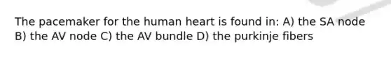 The pacemaker for the human heart is found in: A) the SA node B) the AV node C) the AV bundle D) the purkinje fibers