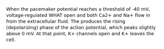 When the pacemaker potential reaches a threshold of -40 mV, voltage-regulated WHAT open and both Ca2+ and Na+ flow in from the extracellular fluid. The produces the rising (depolarizing) phase of the action potential, which peaks slightly above 0 mV. At that point, K+ channels open and K+ leaves the cell.