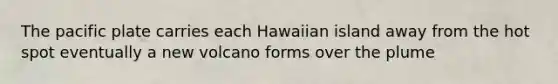 The pacific plate carries each Hawaiian island away from the hot spot eventually a new volcano forms over the plume