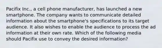 Pacifix Inc., a cell phone manufacturer, has launched a new smartphone. The company wants to communicate detailed information about the smartphone's specifications to its target audience. It also wishes to enable the audience to process the ad information at their own rate. Which of the following media should Pacifix use to convey the desired information?