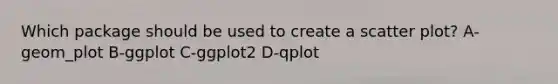 Which package should be used to create a scatter plot? A-geom_plot B-ggplot C-ggplot2 D-qplot