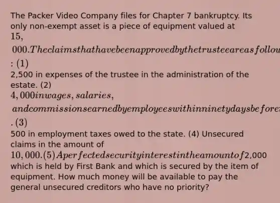 The Packer Video Company files for Chapter 7 bankruptcy. Its only non-exempt asset is a piece of equipment valued at 15,000. The claims that have been approved by the trustee are as follows: (1)2,500 in expenses of the trustee in the administration of the estate. (2) 4,000 in wages, salaries, and commissions earned by employees within ninety days before the filing of the bankruptcy petition and the cessation of the business. (3)500 in employment taxes owed to the state. (4) Unsecured claims in the amount of 10,000. (5) A perfected security interest in the amount of2,000 which is held by First Bank and which is secured by the item of equipment. How much money will be available to pay the general unsecured creditors who have no priority?