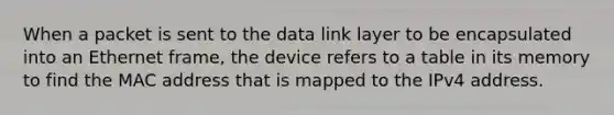 When a packet is sent to the data link layer to be encapsulated into an Ethernet frame, the device refers to a table in its memory to find the MAC address that is mapped to the IPv4 address.