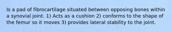 Is a pad of fibrocartilage situated between opposing bones within a synovial joint. 1) Acts as a cushion 2) conforms to the shape of the femur so it moves 3) provides lateral stability to the joint.