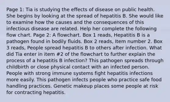 Page 1: Tia is studying the effects of disease on public health. She begins by looking at the spread of hepatitis B. She would like to examine how the causes and the consequences of this infectious disease are related. Help her complete the following flow chart. Page 2: A flowchart. Box 1 reads, Hepatitis B is a pathogen found in bodily fluids. Box 2 reads, Item number 2. Box 3 reads, People spread hepatitis B to others after infection. What did Tia enter in item #2 of the flowchart to further explain the process of a hepatitis B infection? This pathogen spreads through childbirth or close physical contact with an infected person. People with strong immune systems fight hepatitis infections more easily. This pathogen infects people who practice safe food handling practices. Genetic makeup places some people at risk for contracting hepatitis.