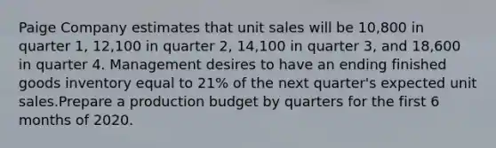 Paige Company estimates that unit sales will be 10,800 in quarter 1, 12,100 in quarter 2, 14,100 in quarter 3, and 18,600 in quarter 4. Management desires to have an ending finished goods inventory equal to 21% of the next quarter's expected unit sales.Prepare a production budget by quarters for the first 6 months of 2020.