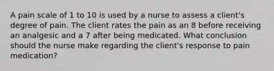 A pain scale of 1 to 10 is used by a nurse to assess a client's degree of pain. The client rates the pain as an 8 before receiving an analgesic and a 7 after being medicated. What conclusion should the nurse make regarding the client's response to pain medication?