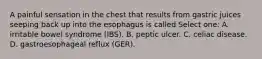 A painful sensation in the chest that results from gastric juices seeping back up into the esophagus is called Select one: A. irritable bowel syndrome (IBS). B. peptic ulcer. C. celiac disease. D. gastroesophageal reflux (GER).