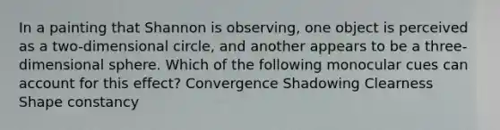 In a painting that Shannon is observing, one object is perceived as a two-dimensional circle, and another appears to be a three-dimensional sphere. Which of the following monocular cues can account for this effect? Convergence Shadowing Clearness Shape constancy