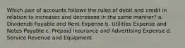 Which pair of accounts follows the rules of debit and credit in relation to increases and decreases in the same manner? a. Dividends Payable and Rent Expense b. Utilities Expense and Notes Payable c. Prepaid Insurance and Advertising Expense d. Service Revenue and Equipment