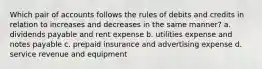 Which pair of accounts follows the rules of debits and credits in relation to increases and decreases in the same manner? a. dividends payable and rent expense b. utilities expense and notes payable c. prepaid insurance and advertising expense d. service revenue and equipment