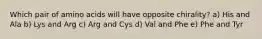 Which pair of amino acids will have opposite chirality? a) His and Ala b) Lys and Arg c) Arg and Cys d) Val and Phe e) Phe and Tyr