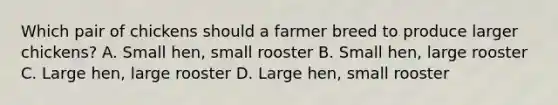 Which pair of chickens should a farmer breed to produce larger chickens? A. Small hen, small rooster B. Small hen, large rooster C. Large hen, large rooster D. Large hen, small rooster