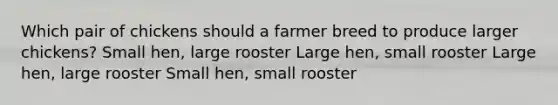 Which pair of chickens should a farmer breed to produce larger chickens? Small hen, large rooster Large hen, small rooster Large hen, large rooster Small hen, small rooster