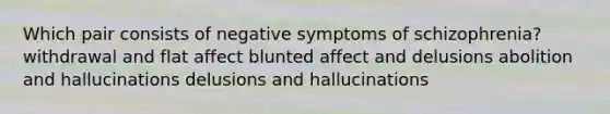 Which pair consists of negative symptoms of schizophrenia? withdrawal and flat affect blunted affect and delusions abolition and hallucinations delusions and hallucinations