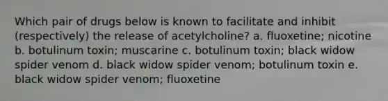 Which pair of drugs below is known to facilitate and inhibit (respectively) the release of acetylcholine? a. fluoxetine; nicotine b. botulinum toxin; muscarine c. botulinum toxin; black widow spider venom d. black widow spider venom; botulinum toxin e. black widow spider venom; fluoxetine