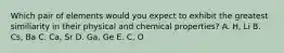 Which pair of elements would you expect to exhibit the greatest similiarity in their physical and chemical properties? A. H, Li B. Cs, Ba C. Ca, Sr D. Ga, Ge E. C, O