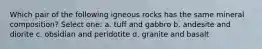 Which pair of the following igneous rocks has the same mineral composition? Select one: a. tuff and gabbro b. andesite and diorite c. obsidian and peridotite d. granite and basalt