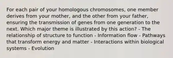 For each pair of your homologous chromosomes, one member derives from your mother, and the other from your father, ensuring the transmission of genes from one generation to the next. Which major theme is illustrated by this action? - The relationship of structure to function - Information flow - Pathways that transform energy and matter - Interactions within biological systems - Evolution