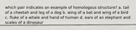 which pair indicates an example of homologous structure? a. tail of a cheetah and leg of a dog b. wing of a bat and wing of a bird c. fluke of a whale and hand of human d. ears of an elephant and scales of a dinosaur