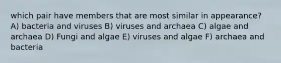 which pair have members that are most similar in appearance? A) bacteria and viruses B) viruses and archaea C) algae and archaea D) Fungi and algae E) viruses and algae F) archaea and bacteria