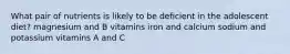 What pair of nutrients is likely to be deficient in the adolescent diet? magnesium and B vitamins iron and calcium sodium and potassium vitamins A and C