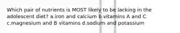 Which pair of nutrients is MOST likely to be lacking in the adolescent diet? a.iron and calcium b.vitamins A and C c.magnesium and B vitamins d.sodium and potassium