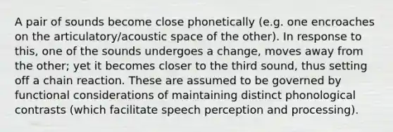 A pair of sounds become close phonetically (e.g. one encroaches on the articulatory/acoustic space of the other). In response to this, one of the sounds undergoes a change, moves away from the other; yet it becomes closer to the third sound, thus setting off a chain reaction. These are assumed to be governed by functional considerations of maintaining distinct phonological contrasts (which facilitate speech perception and processing).