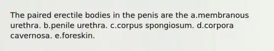 The paired erectile bodies in the penis are the a.membranous urethra. b.penile urethra. c.corpus spongiosum. d.corpora cavernosa. e.foreskin.