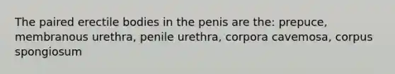 The paired erectile bodies in the penis are the: prepuce, membranous urethra, penile urethra, corpora cavemosa, corpus spongiosum