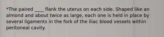 *The paired ____ flank the uterus on each side. Shaped like an almond and about twice as large, each one is held in place by several ligaments in the fork of the iliac <a href='https://www.questionai.com/knowledge/kZJ3mNKN7P-blood-vessels' class='anchor-knowledge'>blood vessels</a> within peritoneal cavity.