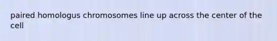 paired homologus chromosomes line up across the center of the cell