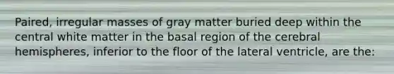 Paired, irregular masses of gray matter buried deep within the central white matter in the basal region of the cerebral hemispheres, inferior to the floor of the lateral ventricle, are the: