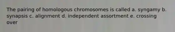 The pairing of homologous chromosomes is called a. syngamy b. synapsis c. alignment d. independent assortment e. crossing over